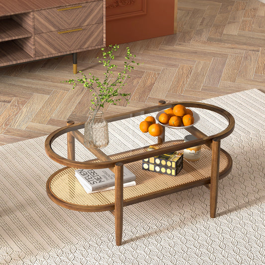 Farmhouse Glass Coffee Table with Rattan Shelf and Acacia Wood Frame - Brown