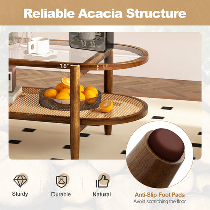 Farmhouse Glass Coffee Table with Rattan Shelf and Acacia Wood Frame - Brown