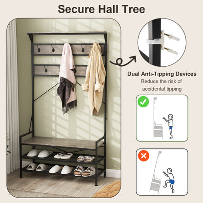 4-in-1 Hall Tree with Coat Rack, Shoe Bench, Storage Shelves, and 11 Hooks – Grey