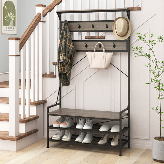 4-in-1 Hall Tree with Coat Rack, Shoe Bench, Storage Shelves, and 11 Hooks – Grey