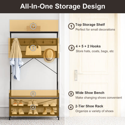 4-in-1 Hall Tree with Coat Rack, Shoe Bench, Storage Shelves, and 11 Hooks – Grey
