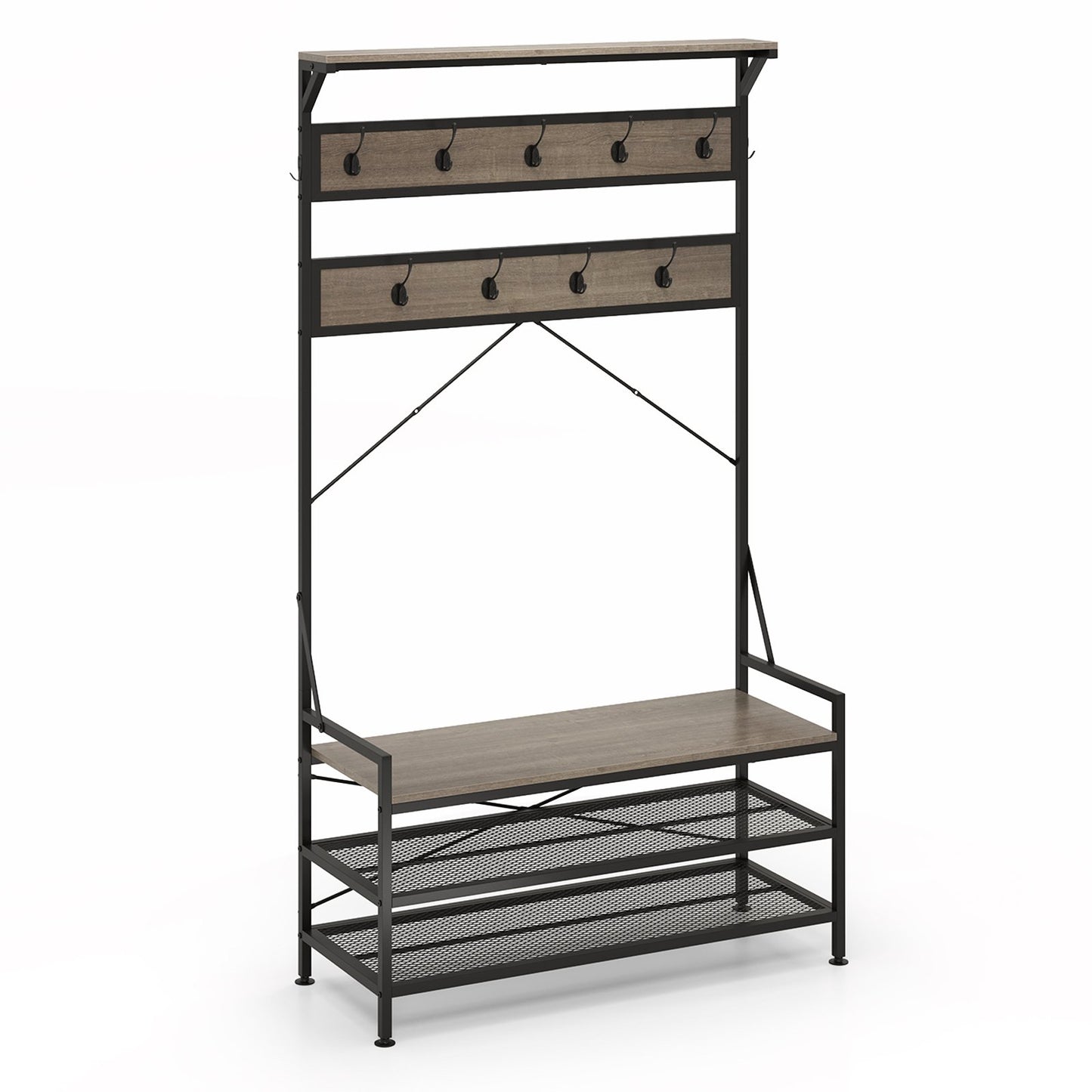 4-in-1 Hall Tree with Coat Rack, Shoe Bench, Storage Shelves, and 11 Hooks – Grey