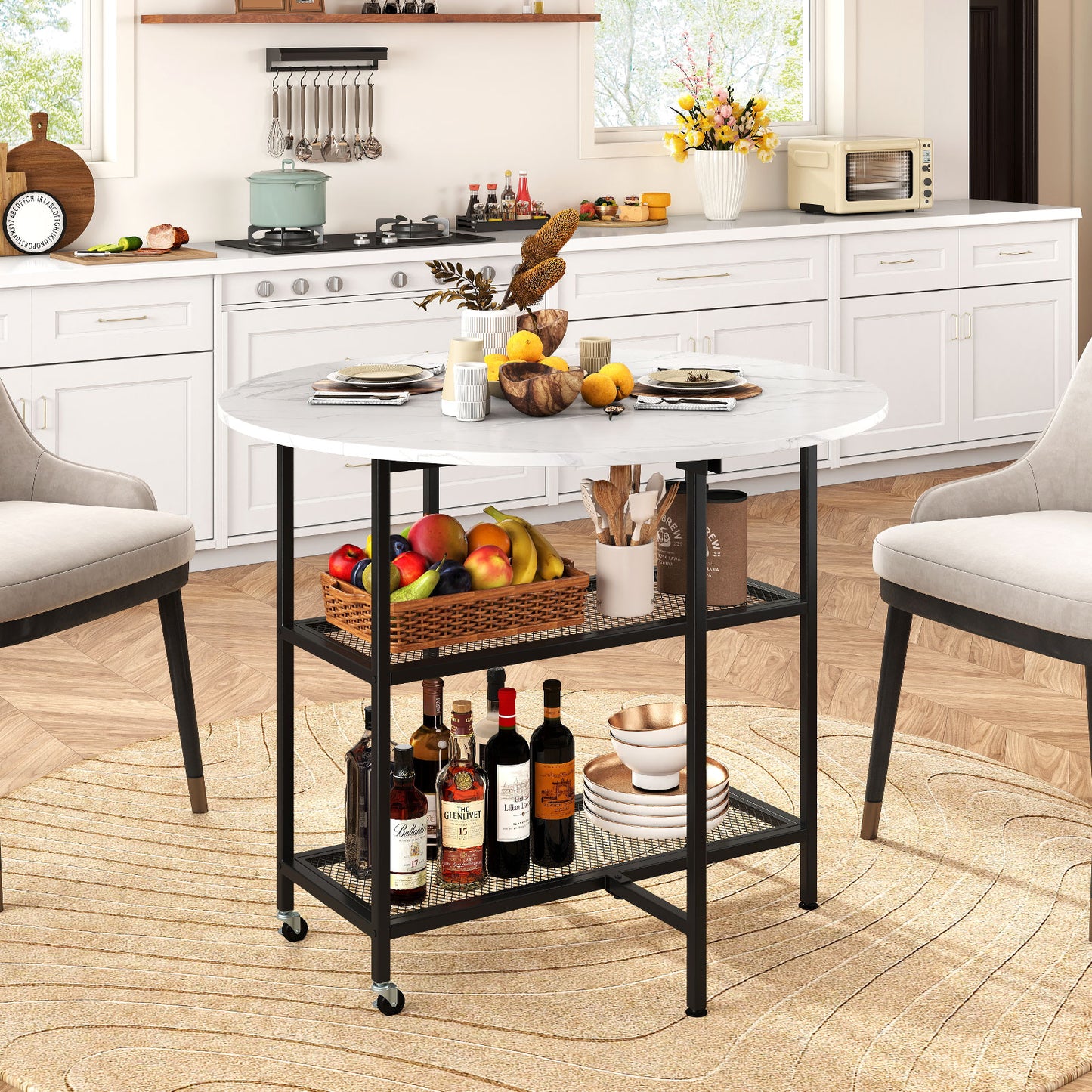 Space-Saving Round Folding Dining Table with Lockable Wheels and White Faux Marble Top
