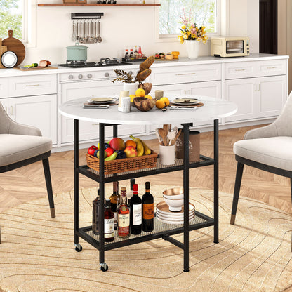 Space-Saving Round Folding Dining Table with Lockable Wheels and White Faux Marble Top