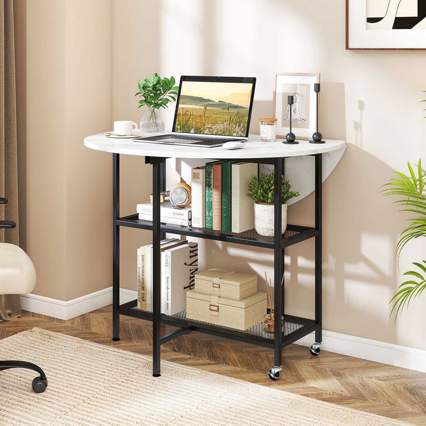 Space-Saving Round Folding Dining Table with Lockable Wheels and White Faux Marble Top