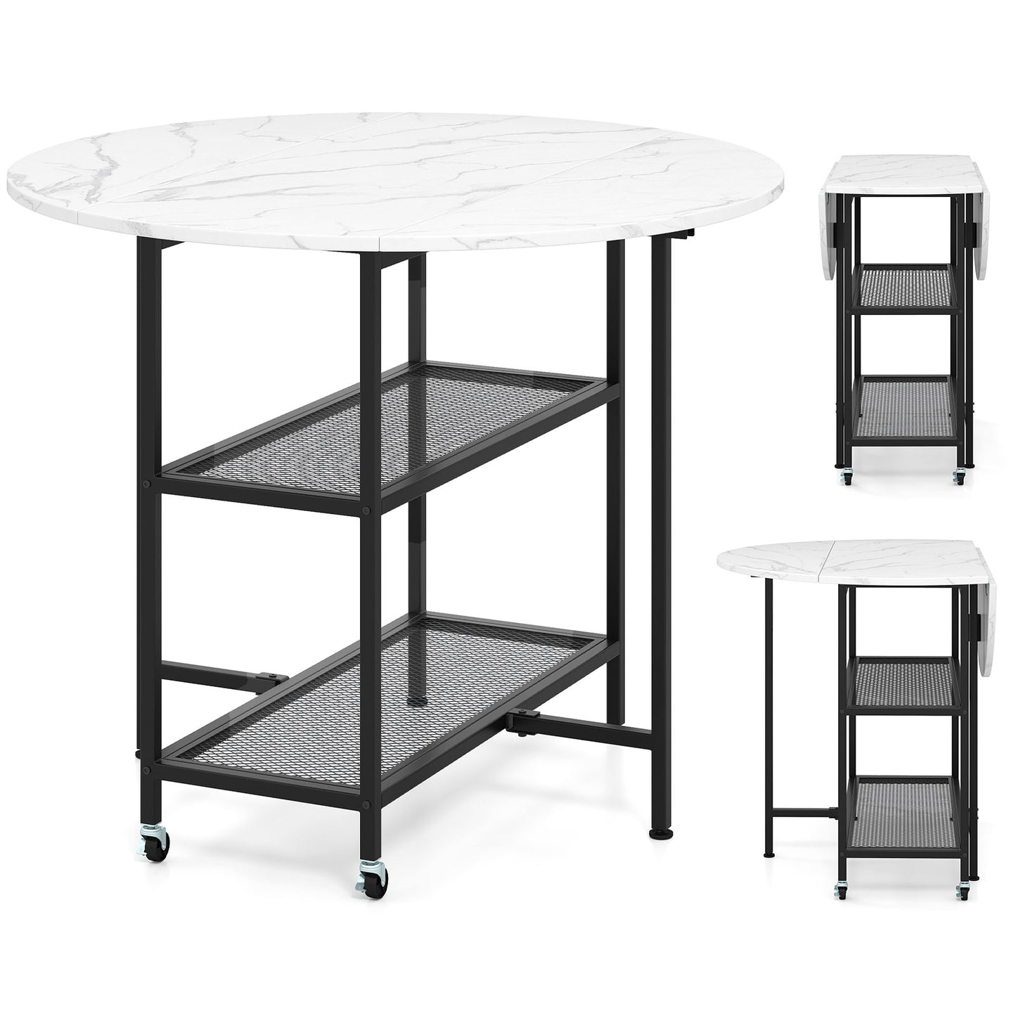 Space-Saving Round Folding Dining Table with Lockable Wheels and White Faux Marble Top