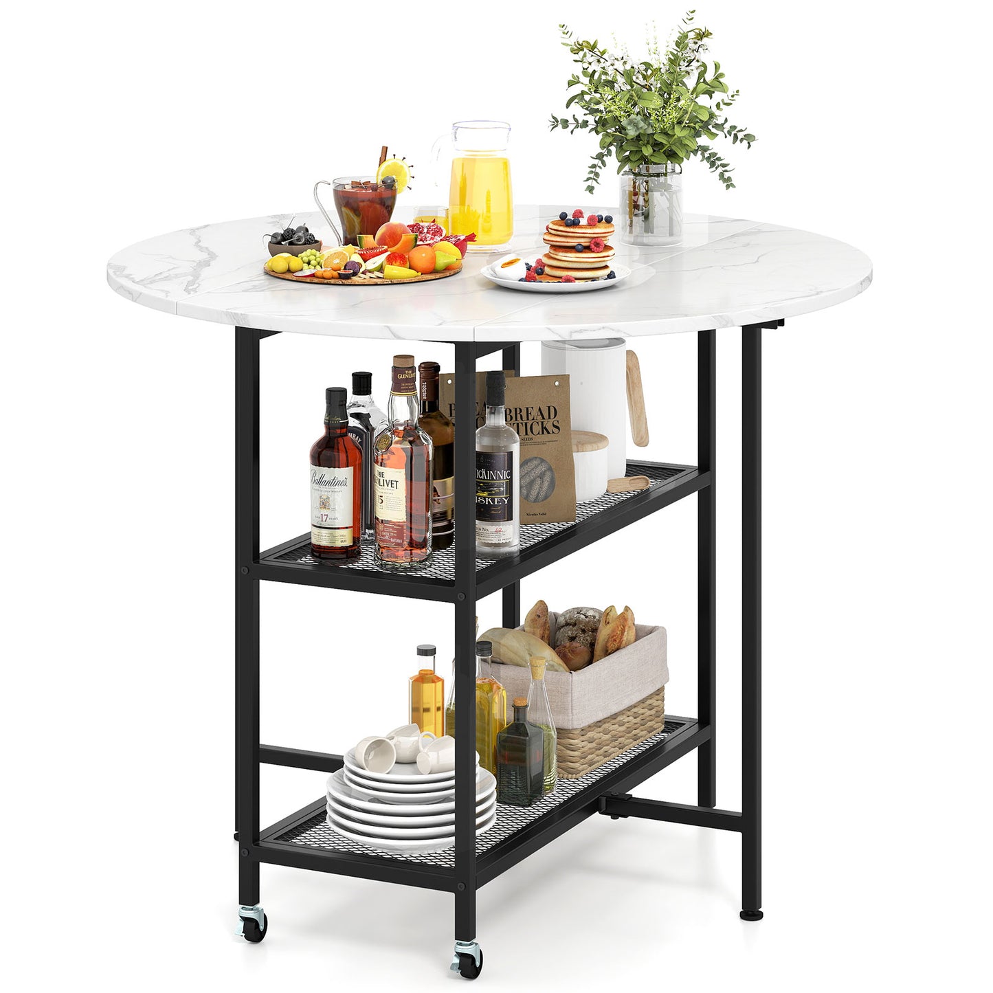 Space-Saving Round Folding Dining Table with Lockable Wheels and White Faux Marble Top