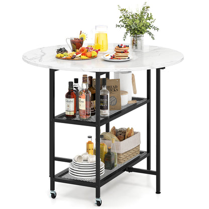 Space-Saving Round Folding Dining Table with Lockable Wheels and White Faux Marble Top