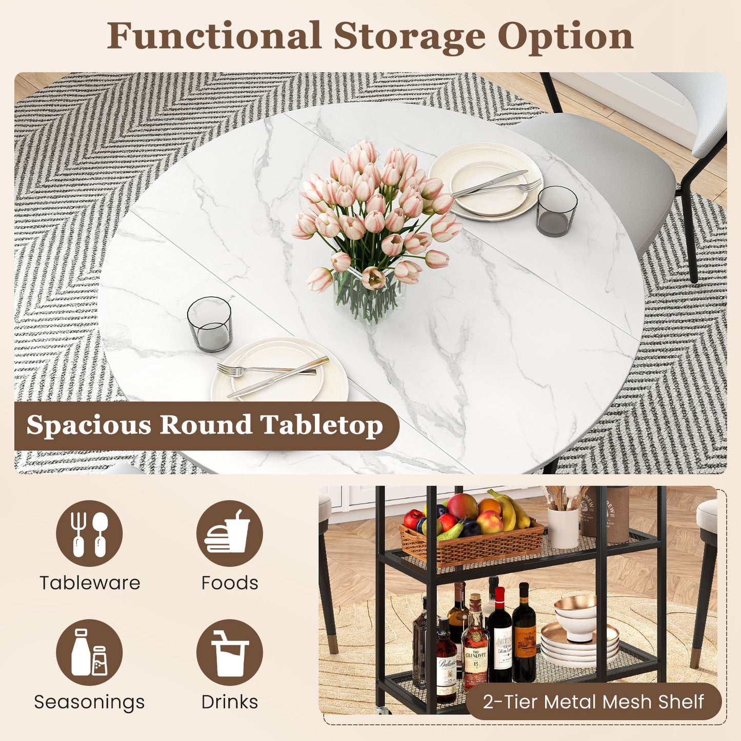 Space-Saving Round Folding Dining Table with Lockable Wheels and White Faux Marble Top