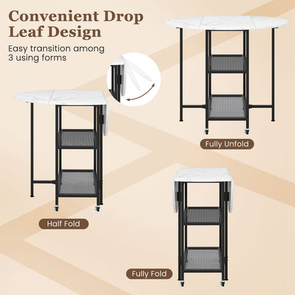 Space-Saving Round Folding Dining Table with Lockable Wheels and White Faux Marble Top