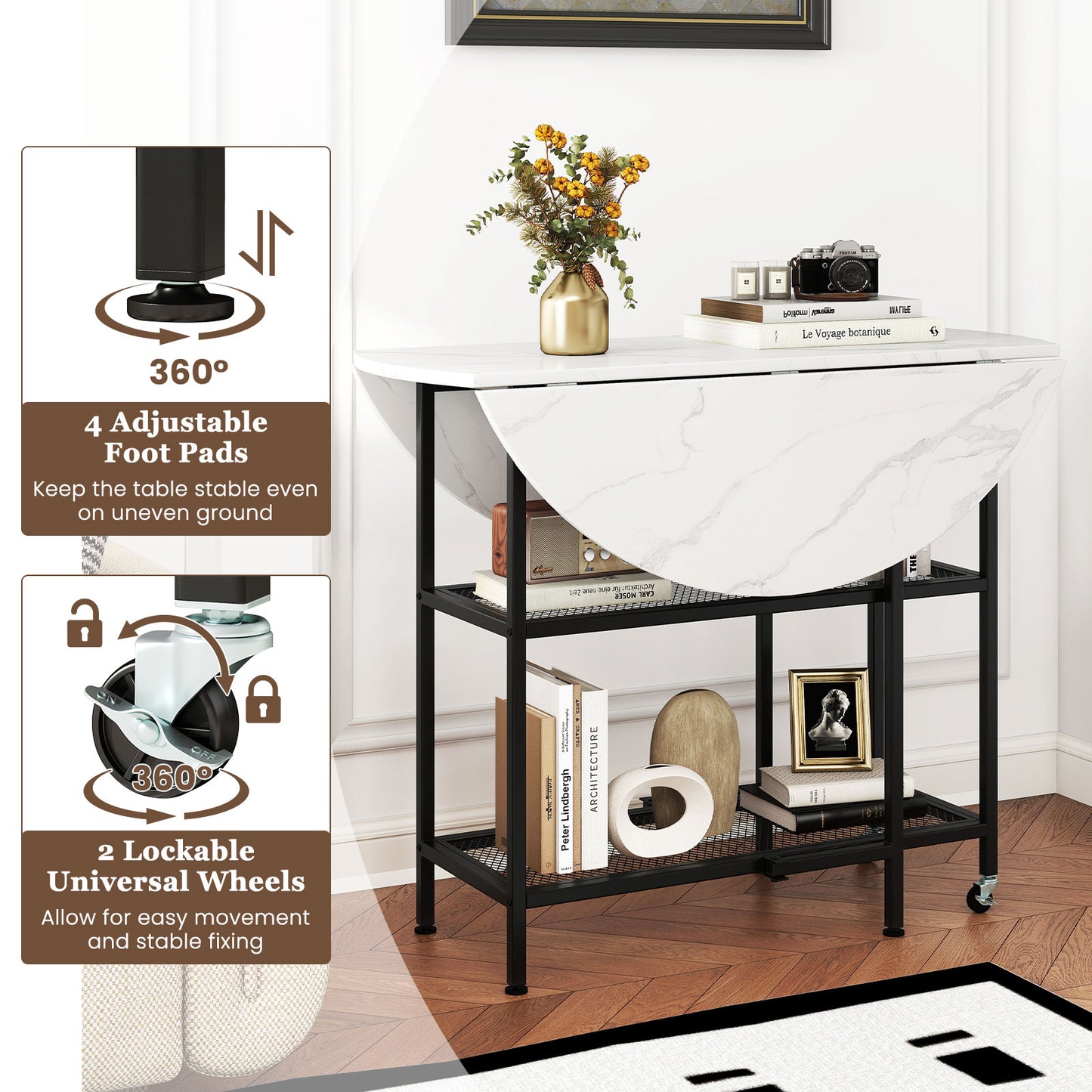 Space-Saving Round Folding Dining Table with Lockable Wheels and White Faux Marble Top