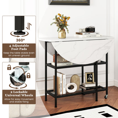 Space-Saving Round Folding Dining Table with Lockable Wheels and White Faux Marble Top