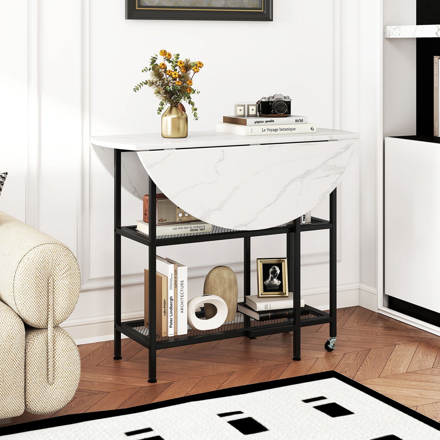 Space-Saving Round Folding Dining Table with Lockable Wheels and White Faux Marble Top