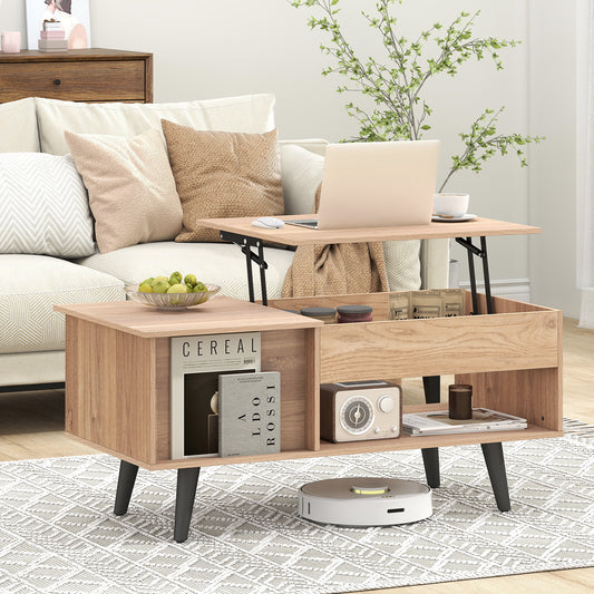 Modern Lift Top Coffee Table with Hidden Storage Compartment and Side Cabinet in Natural Wood Finish