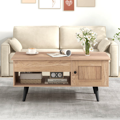 Modern Lift Top Coffee Table with Hidden Storage Compartment and Side Cabinet in Natural Wood Finish