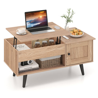 Modern Lift Top Coffee Table with Hidden Storage Compartment and Side Cabinet in Natural Wood Finish