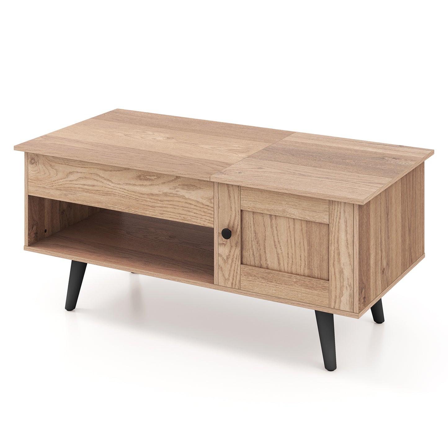 Modern Lift Top Coffee Table with Hidden Storage Compartment and Side Cabinet in Natural Wood Finish