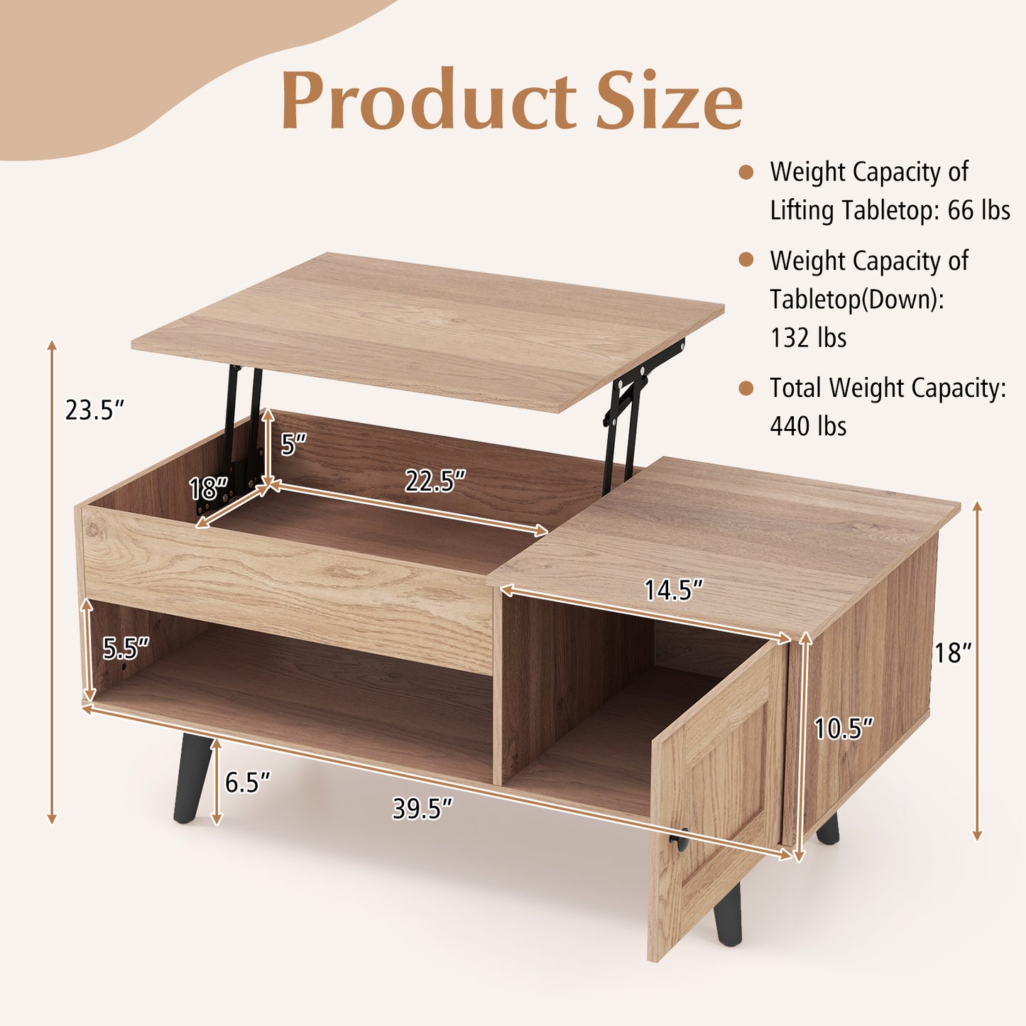 Modern Lift Top Coffee Table with Hidden Storage Compartment and Side Cabinet in Natural Wood Finish