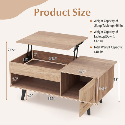 Modern Lift Top Coffee Table with Hidden Storage Compartment and Side Cabinet in Natural Wood Finish