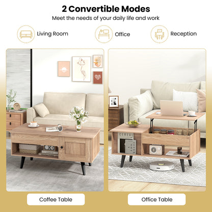 Modern Lift Top Coffee Table with Hidden Storage Compartment and Side Cabinet in Natural Wood Finish