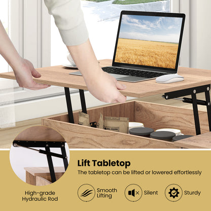 Modern Lift Top Coffee Table with Hidden Storage Compartment and Side Cabinet in Natural Wood Finish