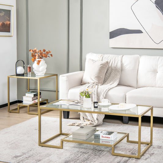 Modern Glass Coffee Table with 2-Tier Storage and Gold Steel Frame