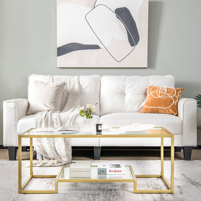 Modern Glass Coffee Table with 2-Tier Storage and Gold Steel Frame