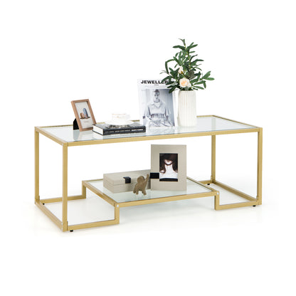 Modern Glass Coffee Table with 2-Tier Storage and Gold Steel Frame