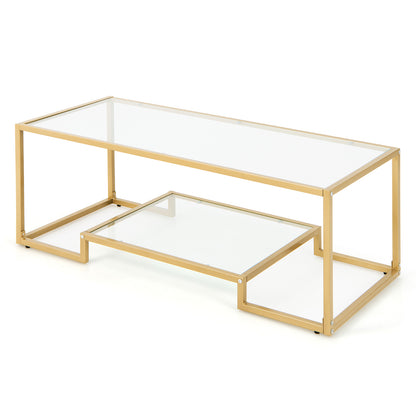 Modern Glass Coffee Table with 2-Tier Storage and Gold Steel Frame