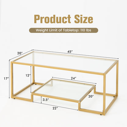 Modern Glass Coffee Table with 2-Tier Storage and Gold Steel Frame