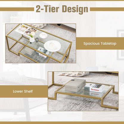 Modern Glass Coffee Table with 2-Tier Storage and Gold Steel Frame