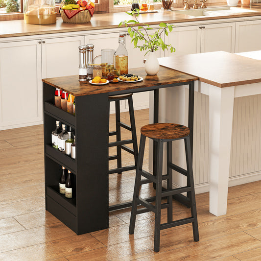Modern 3 Piece Bar Table Set with Built-In Shelves and Matching Stools