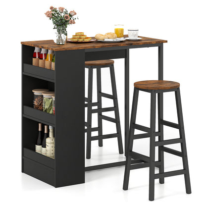 Modern 3 Piece Bar Table Set with Built-In Shelves and Matching Stools