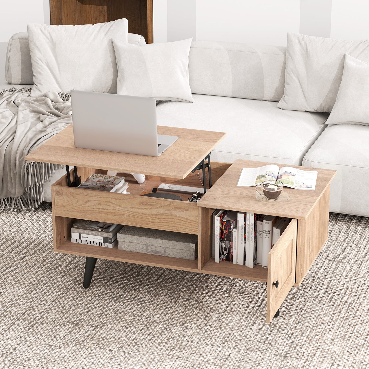 Modern Lift Top Coffee Table with Hidden Storage Compartment and Side Cabinet in Natural Wood Finish