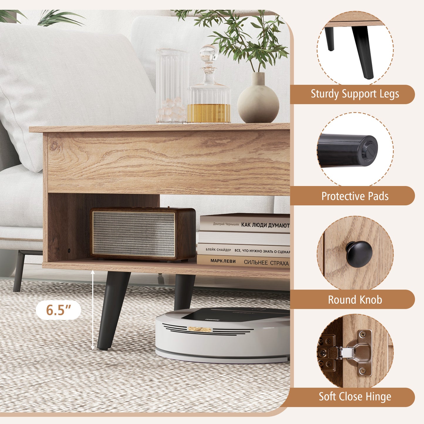 Modern Lift Top Coffee Table with Hidden Storage Compartment and Side Cabinet in Natural Wood Finish