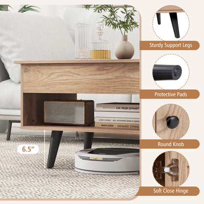 Modern Lift Top Coffee Table with Hidden Storage Compartment and Side Cabinet in Natural Wood Finish