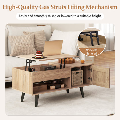 Modern Lift Top Coffee Table with Hidden Storage Compartment and Side Cabinet in Natural Wood Finish