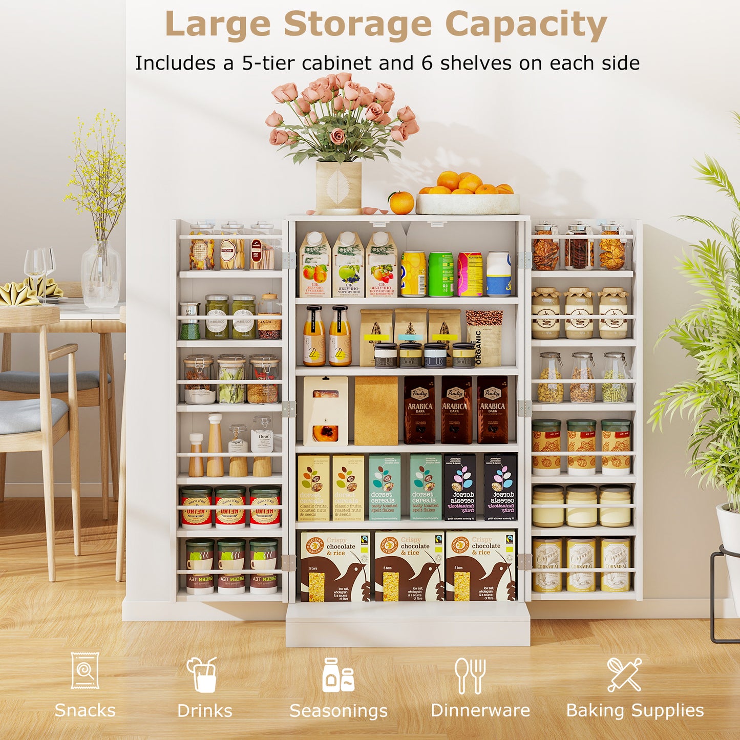 41 Inch Kitchen Pantry Cabinet with Adjustable Shelves and Double Doors for Organized Storage