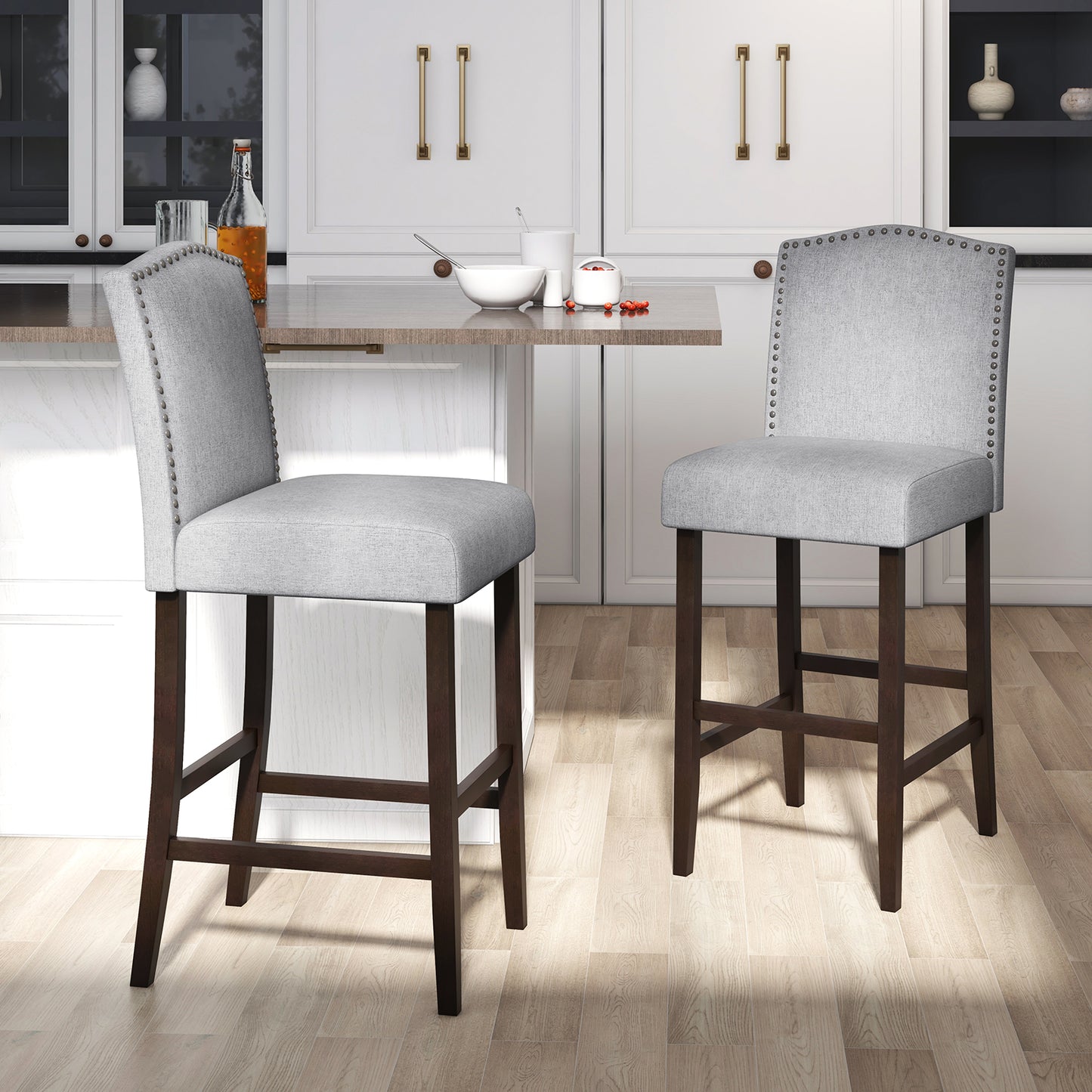 Set of 2 Elegant Bar Height Dining Stools with Thick Padded Cushion