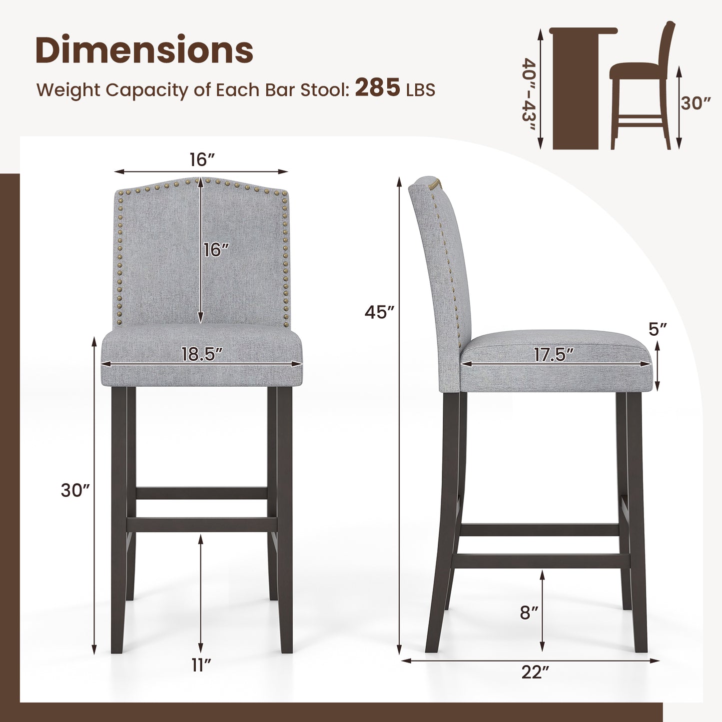 Set of 2 Elegant Bar Height Dining Stools with Thick Padded Cushion