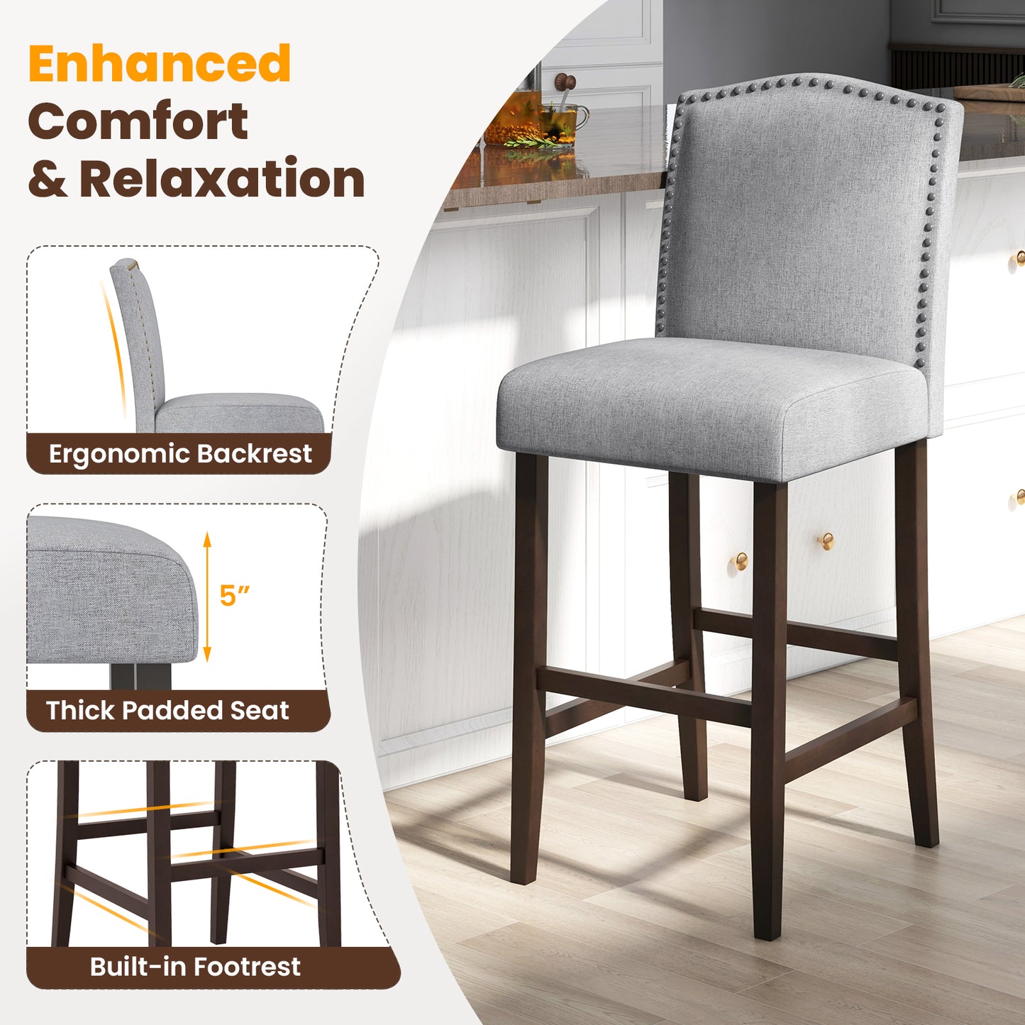 Set of 2 Elegant Bar Height Dining Stools with Thick Padded Cushion