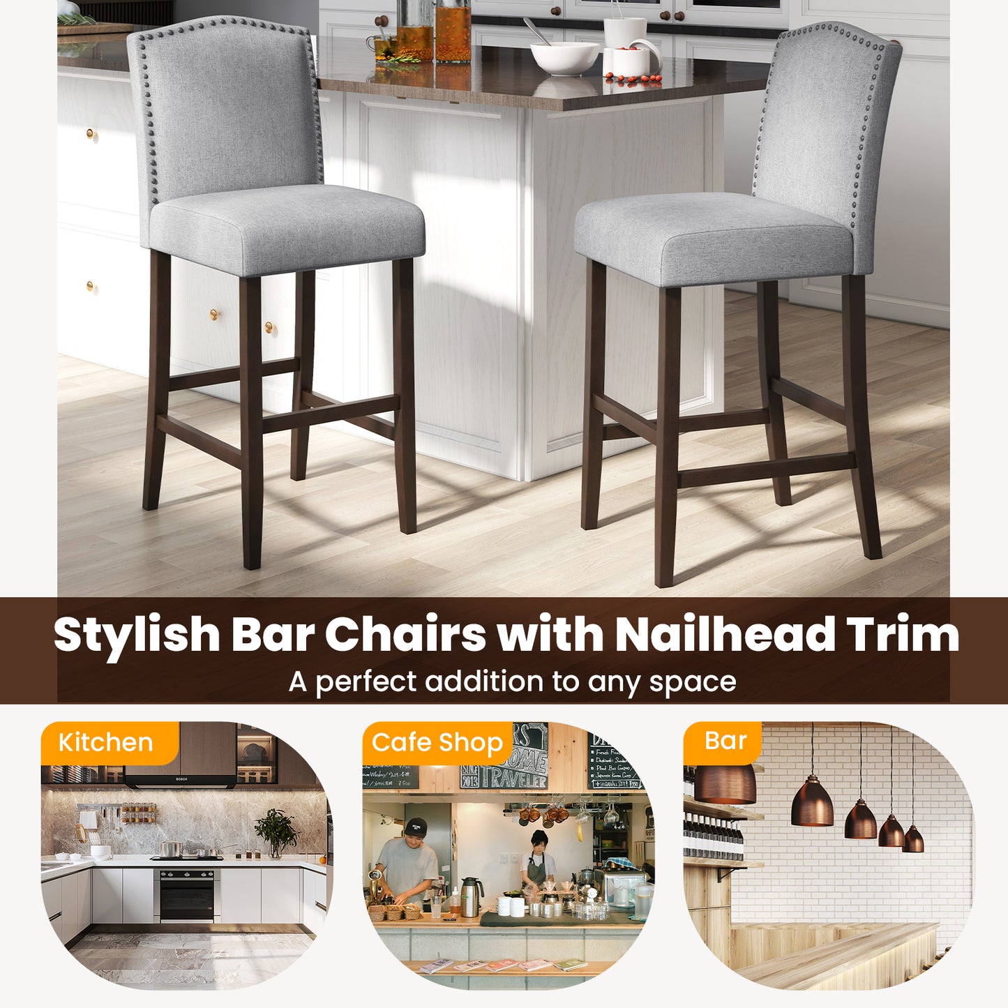 Set of 2 Elegant Bar Height Dining Stools with Thick Padded Cushion