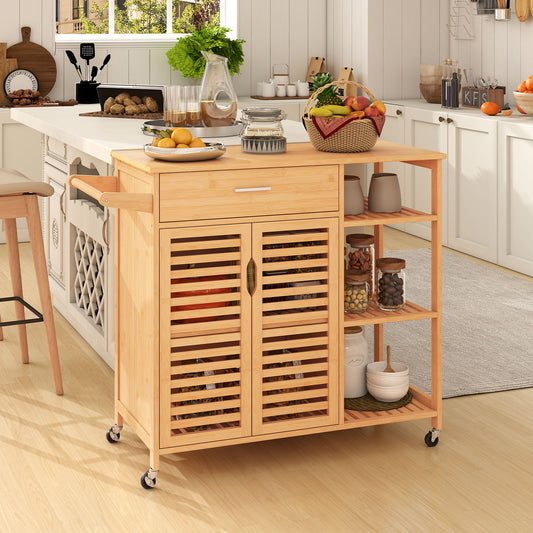 Mobile Bamboo Kitchen Island Cart with Spacious Storage and Locking Wheels