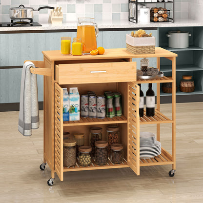 Mobile Bamboo Kitchen Island Cart with Spacious Storage and Locking Wheels