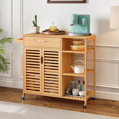 Mobile Bamboo Kitchen Island Cart with Spacious Storage and Locking Wheels