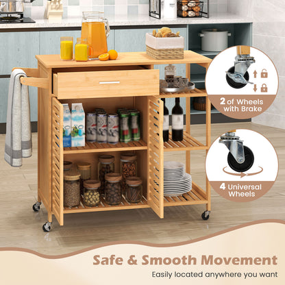 Mobile Bamboo Kitchen Island Cart with Spacious Storage and Locking Wheels