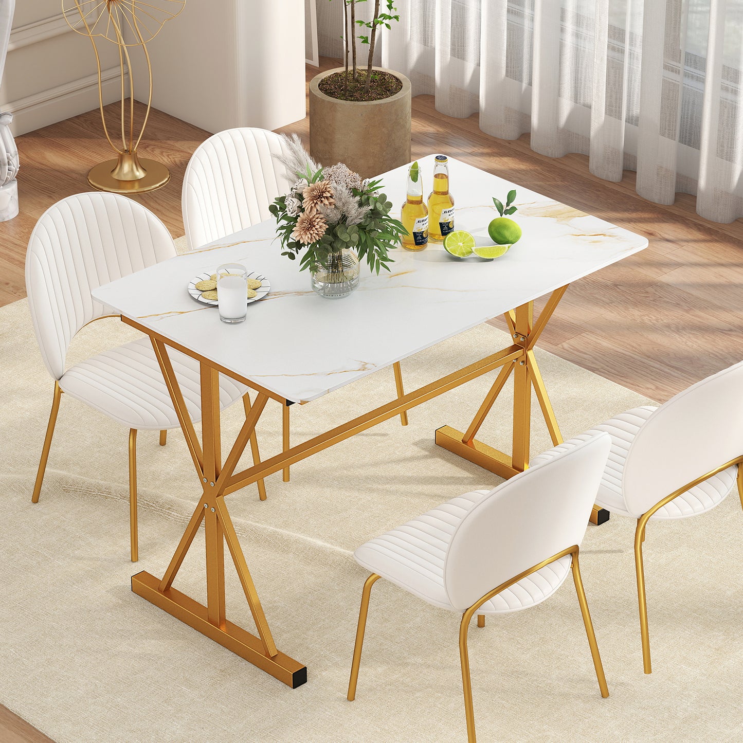 Elegant 44 Inch Sintered Stone Dining Table with Metal Frame and Faux Marble Top