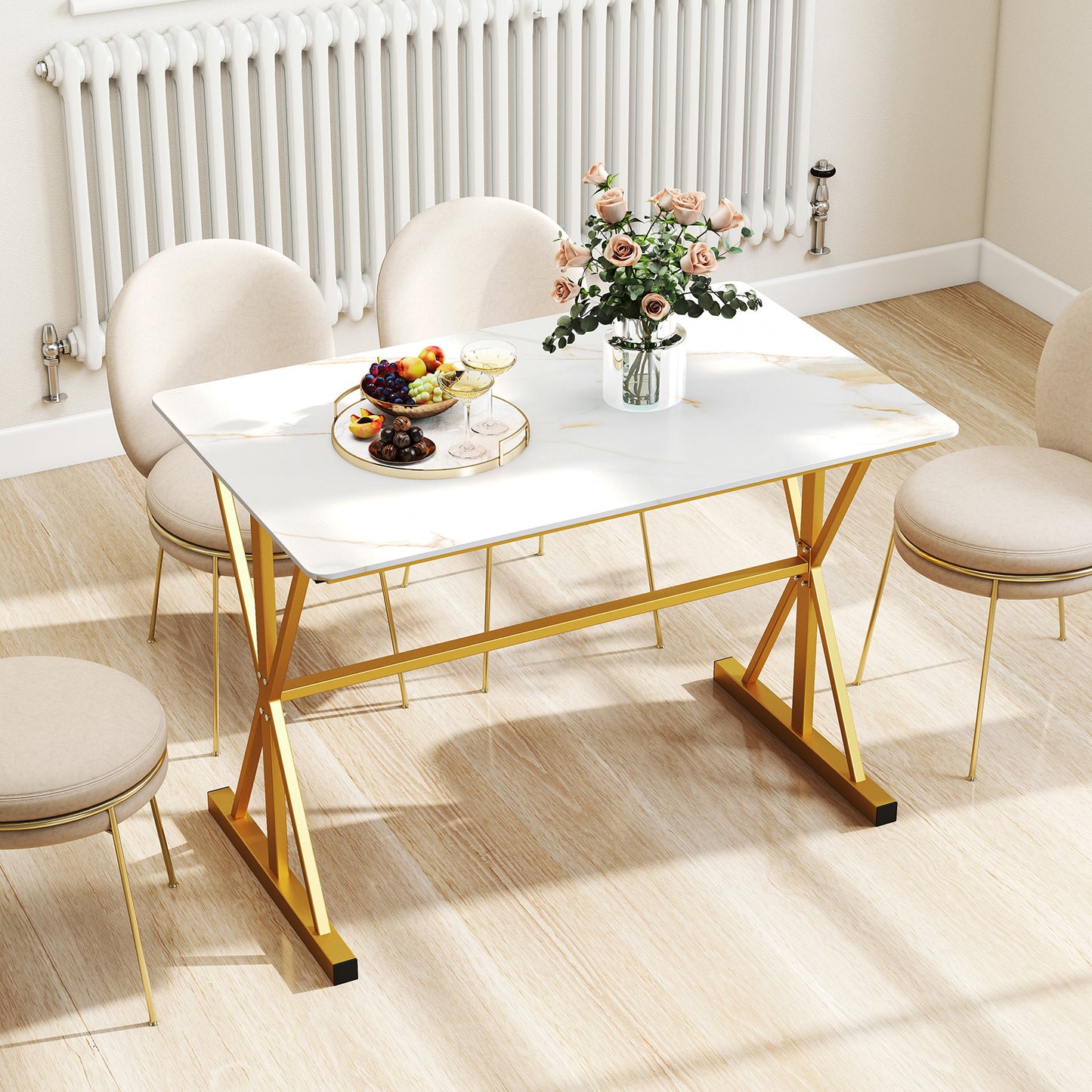 Elegant 44 Inch Sintered Stone Dining Table with Metal Frame and Faux Marble Top