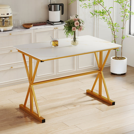 Elegant 44 Inch Sintered Stone Dining Table with Metal Frame and Faux Marble Top