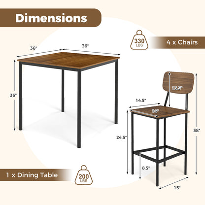 Modern 5 Piece Counter Height Dining Set with Square Table and 4 Bar Stools Teak Finish